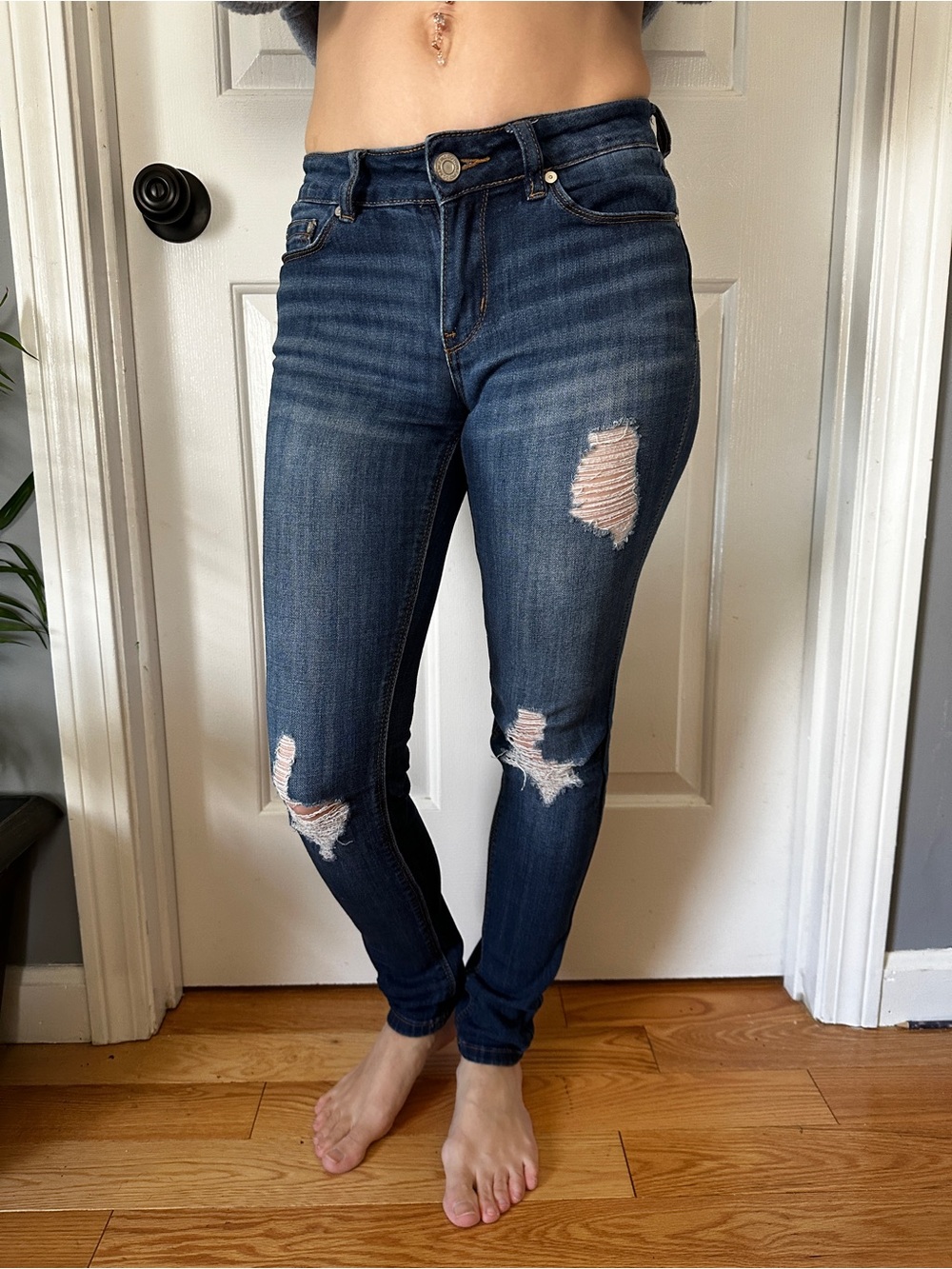 Indigo Rein Dark Blue Distressed Stretch Skinny Jeans - Women